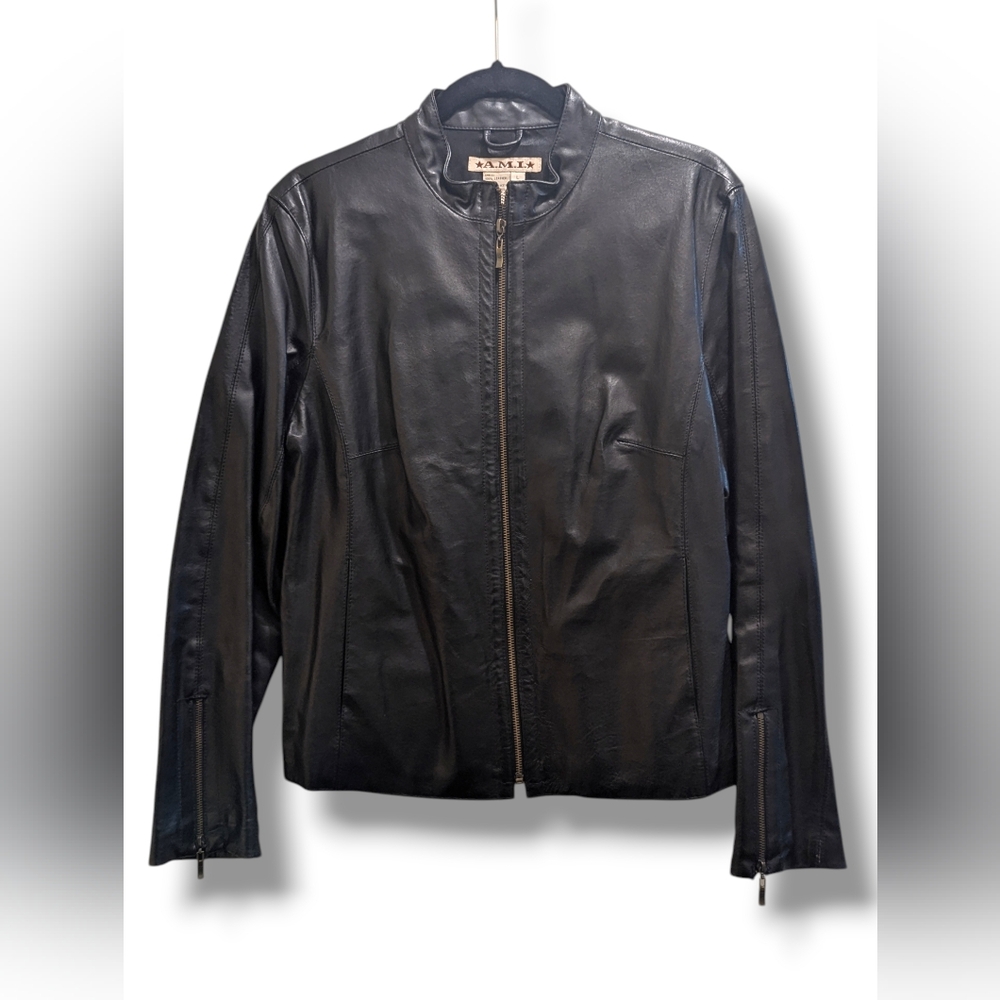 *Flaw* AMI Vintage Black 100% Leather Bomber Jacket Front Zipper Slim Fit- L